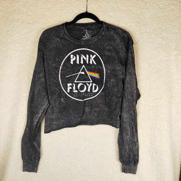 PINK FLOYD DARK SIDE OF THE MOON long sleeve, cropped "stonewashed" grey t-shirt - Picture 1 of 5